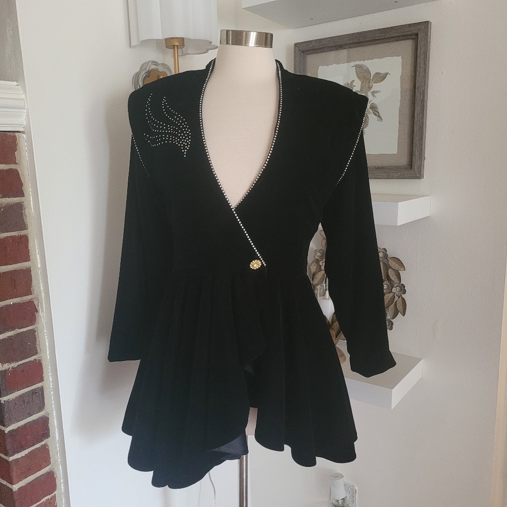 Vintage Black Velvet Rhinestone-Trim Peplum Jacket Size 4